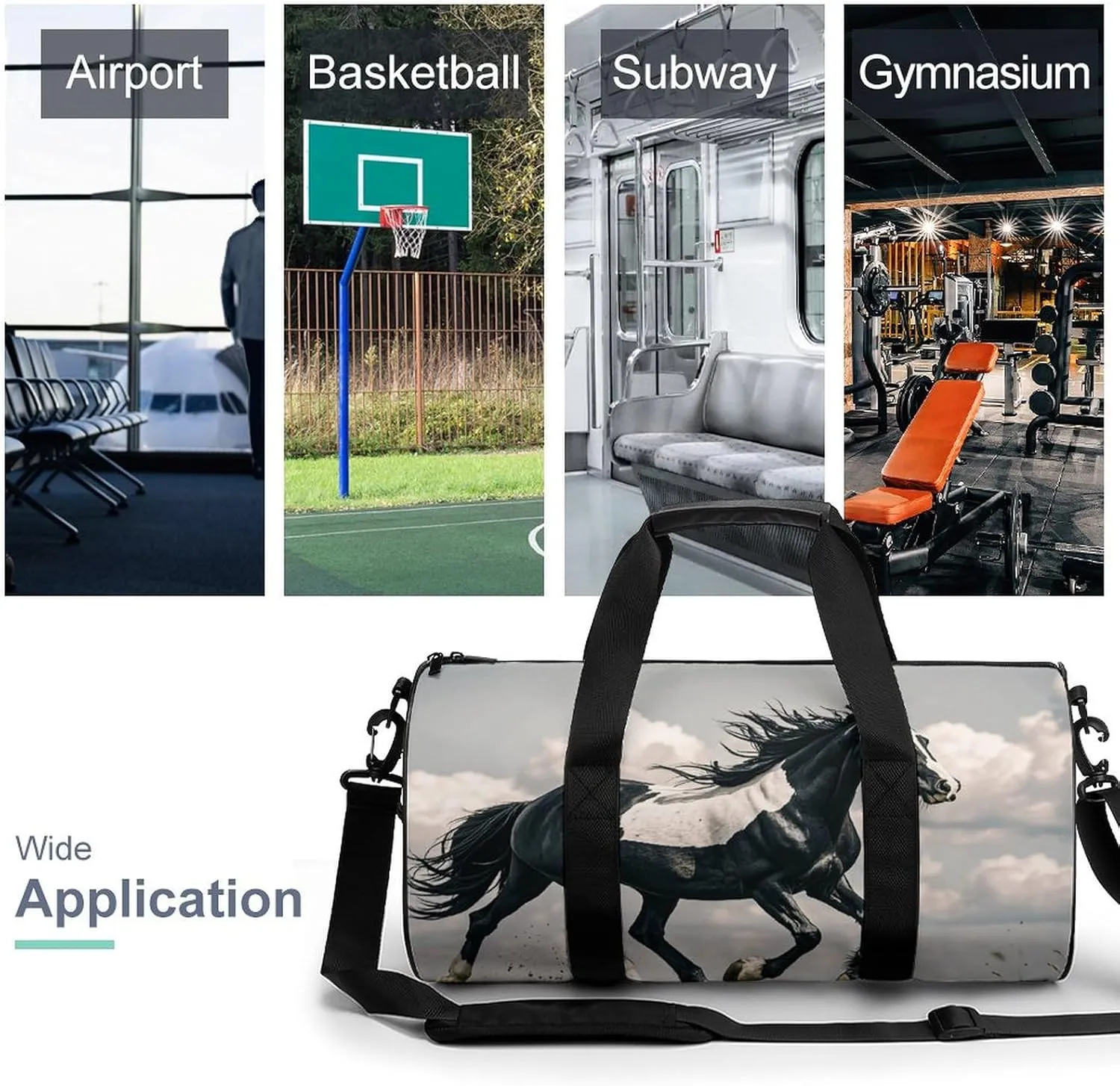 Black And White Horses Running Gym Bag Small Travel Duffle Bag with Compartment Carry On Weekender Bag for Women Men