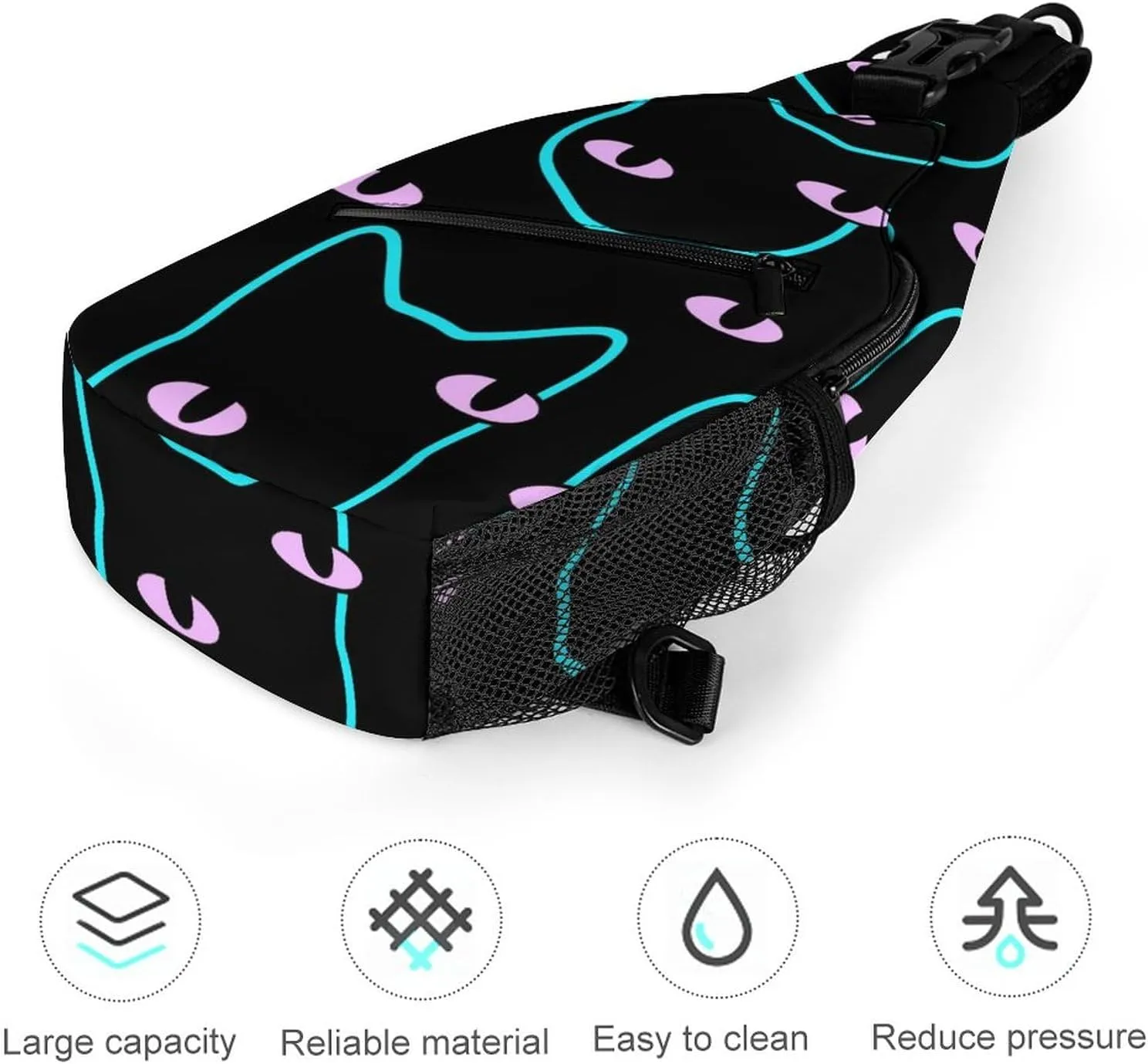 Black Cat Head Crossbody Sling Backpack Magic Colorful Eyes Sling Bag Adjustable Travel Hiking Chest Bags Daypack