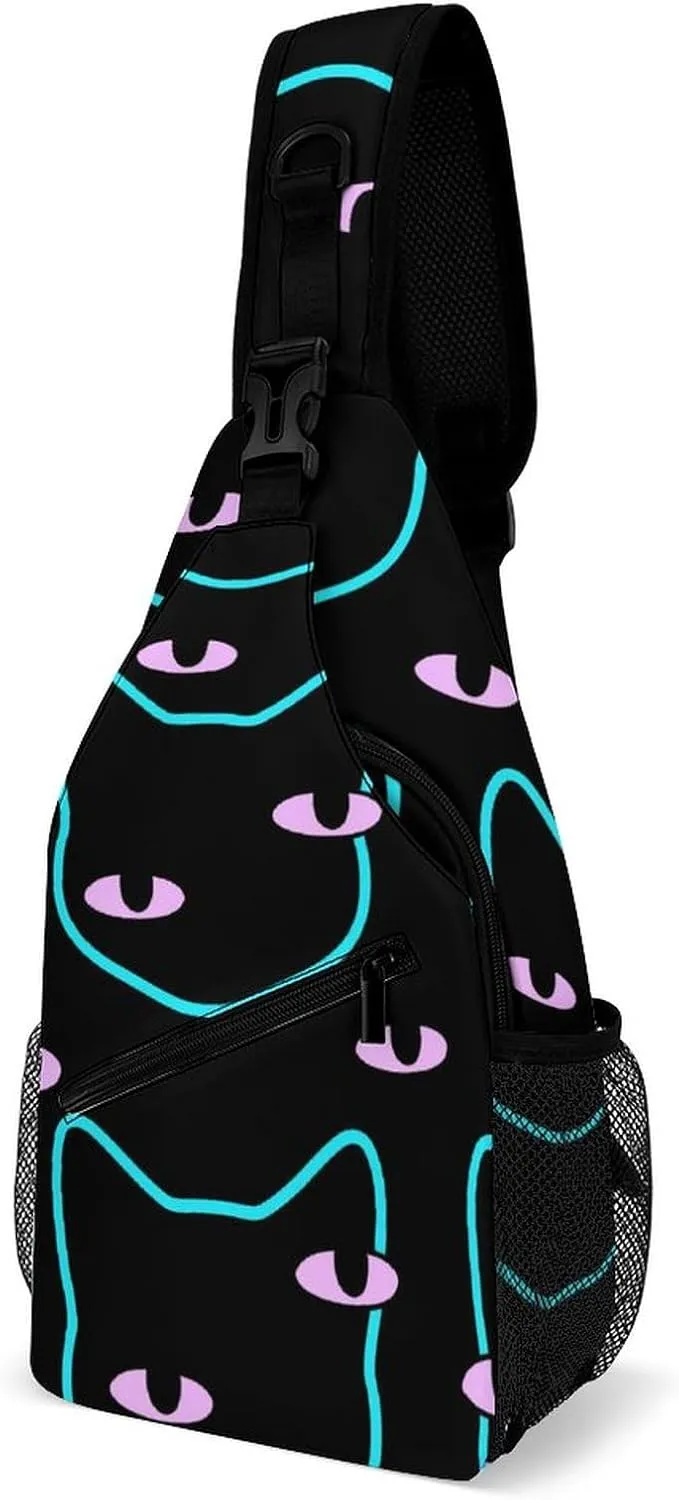 Black Cat Head Crossbody Sling Backpack Magic Colorful Eyes Sling Bag Adjustable Travel Hiking Chest Bags Daypack
