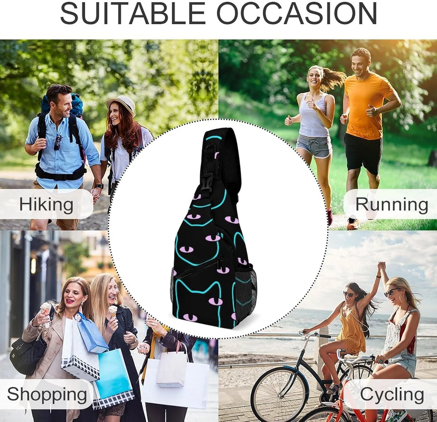 Black Cat Head Crossbody Sling Backpack Magic Colorful Eyes Sling Bag Adjustable Travel Hiking Chest Bags Daypack