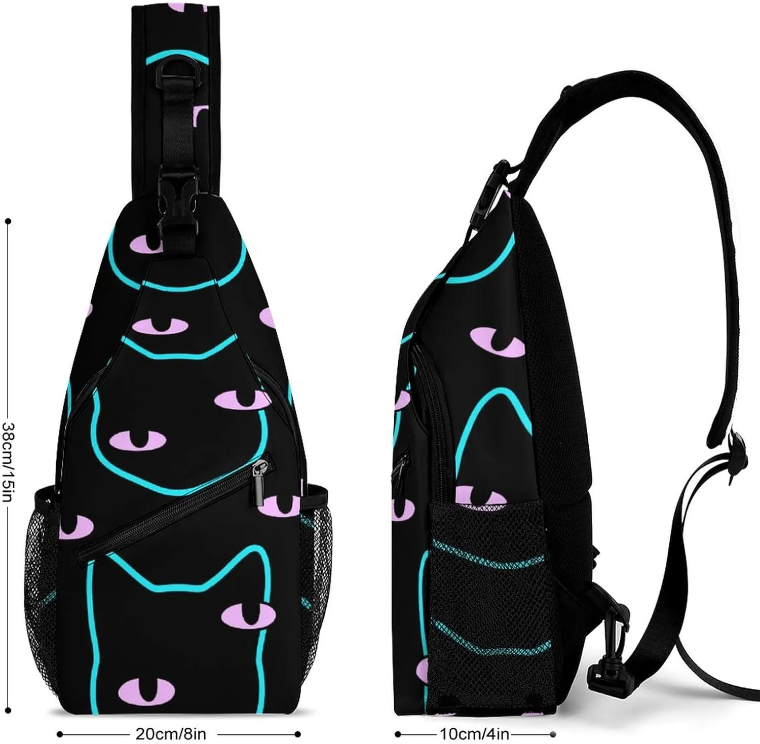 Black Cat Head Crossbody Sling Backpack Magic Colorful Eyes Sling Bag Adjustable Travel Hiking Chest Bags Daypack