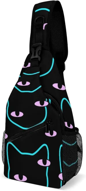 Black Cat Head Crossbody Sling Backpack Magic Colorful Eyes Sling Bag Adjustable Travel Hiking Chest Bags Daypack