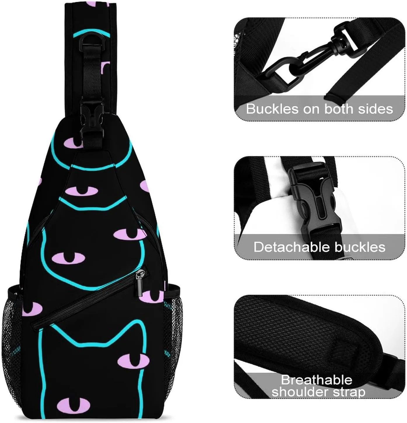 Black Cat Head Crossbody Sling Backpack Magic Colorful Eyes Sling Bag Adjustable Travel Hiking Chest Bags Daypack