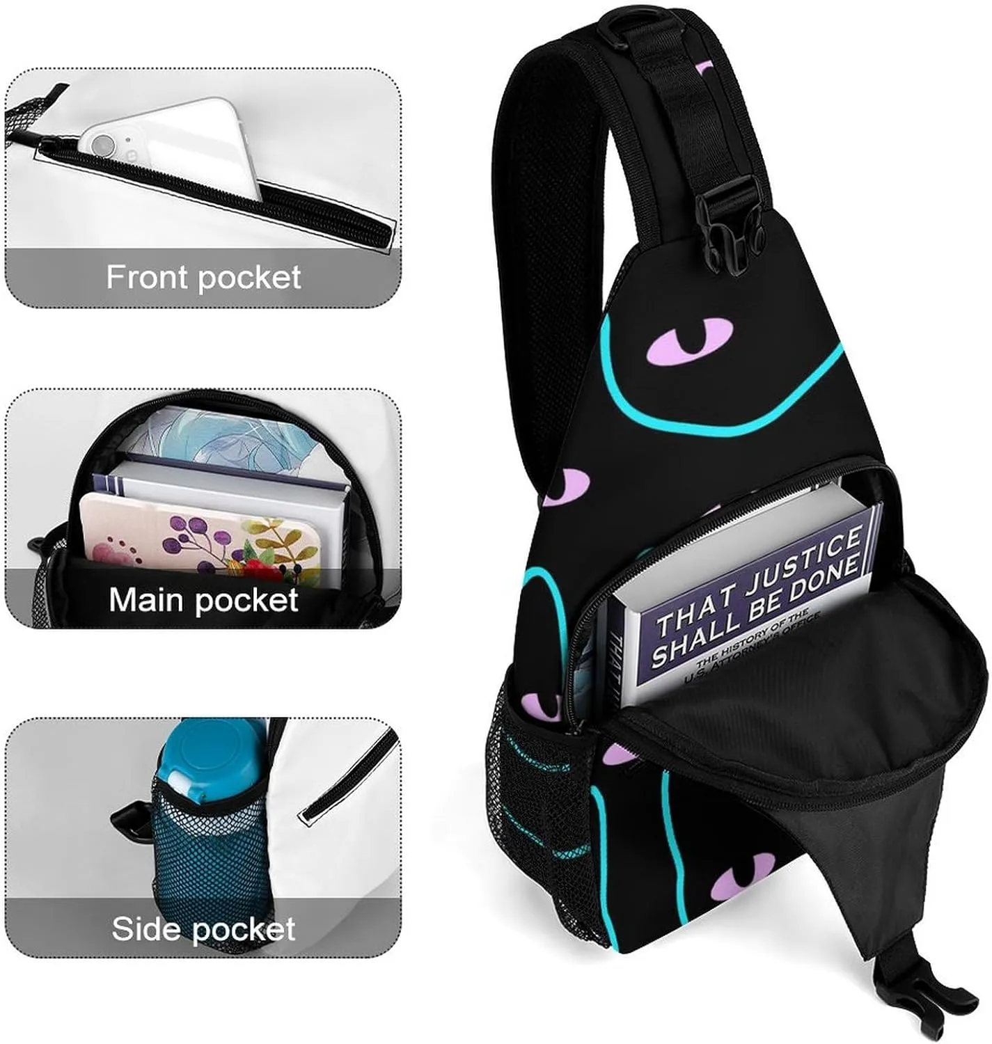 Black Cat Head Crossbody Sling Backpack Magic Colorful Eyes Sling Bag Adjustable Travel Hiking Chest Bags Daypack