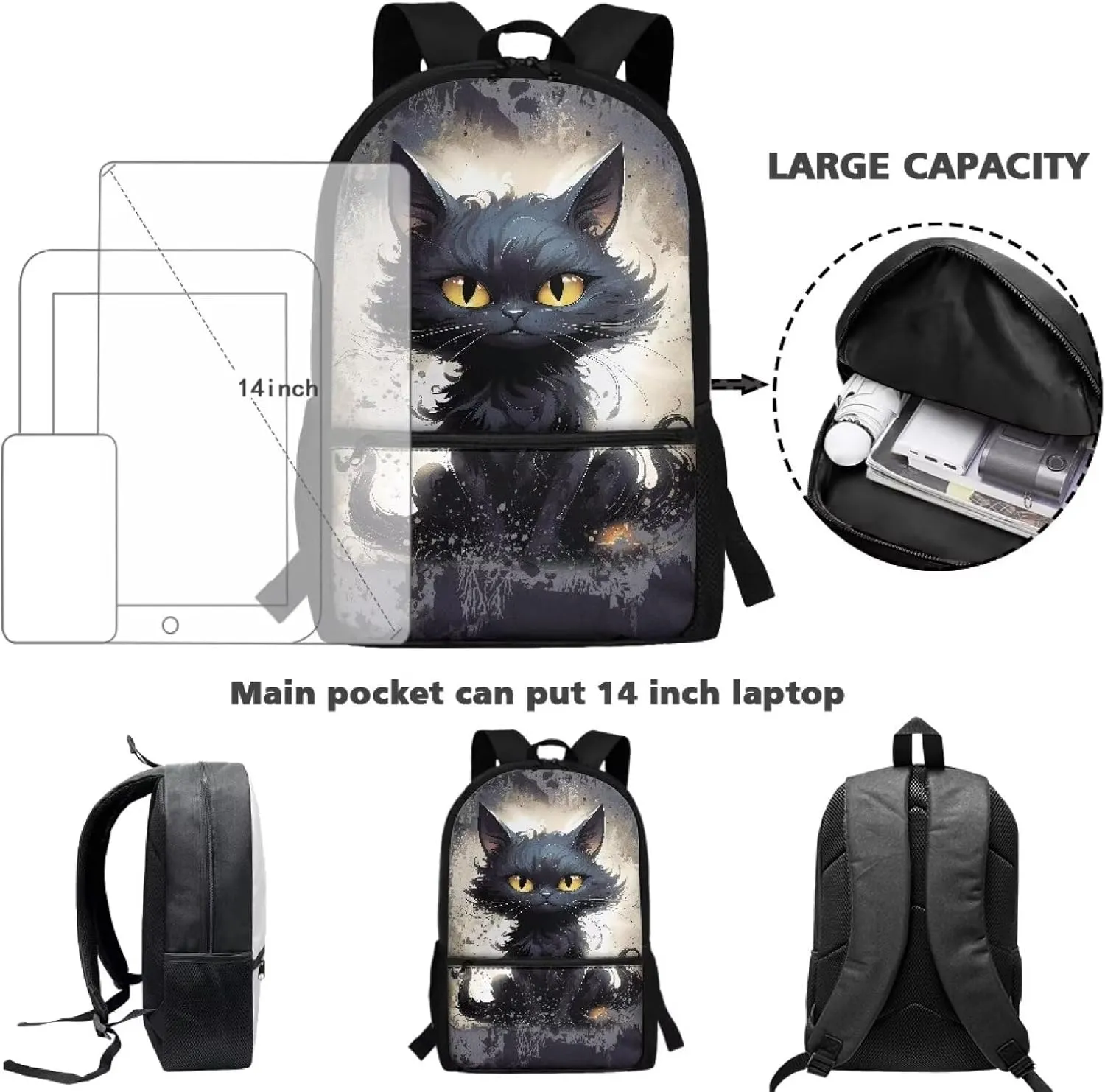 Black Cat School Bag for Boys 7-8/8-12 Middle Elementary School Backpack Kids Bookbag With Adjustable Shoulder Strap Teen Girls Schoolbag 17inch Laptop Backpacks Casual Daypack