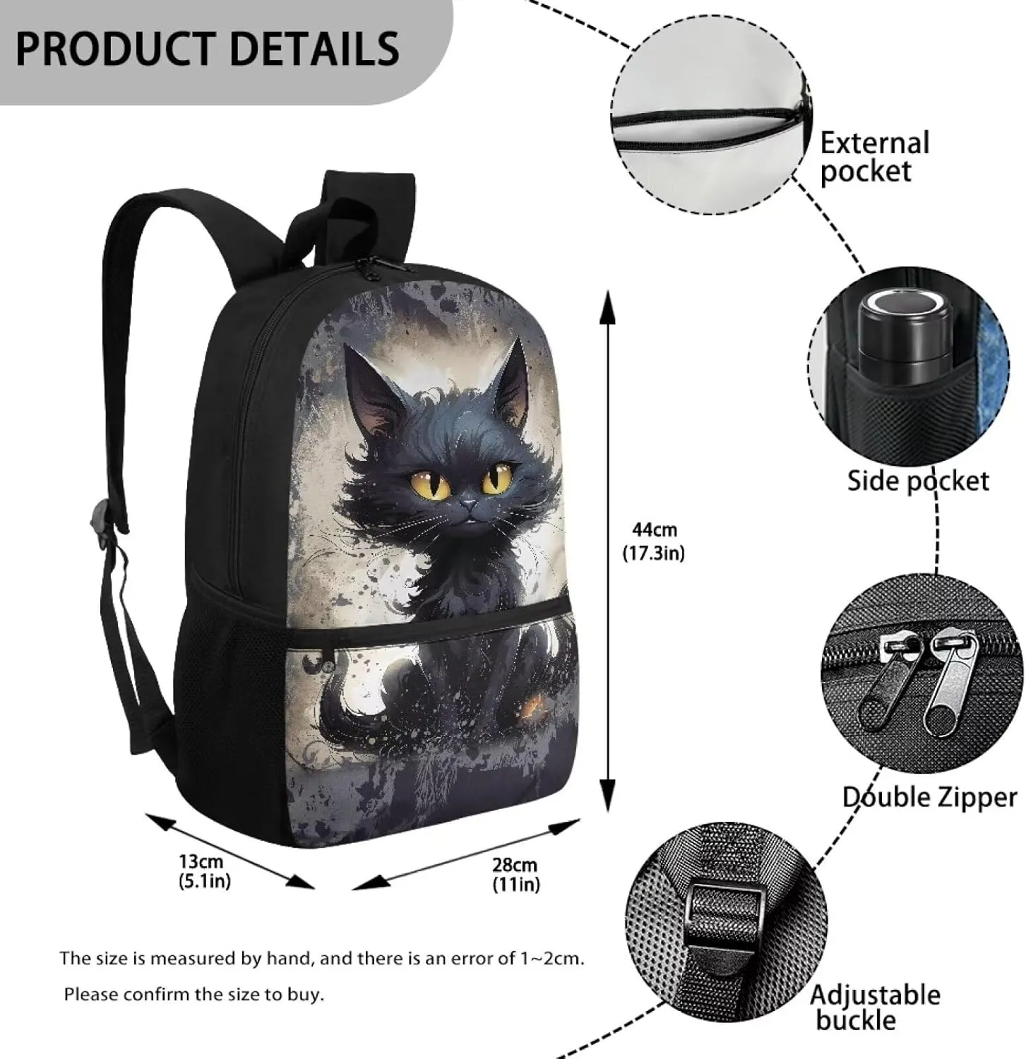 Black Cat School Bag for Boys 7-8/8-12 Middle Elementary School Backpack Kids Bookbag With Adjustable Shoulder Strap Teen Girls Schoolbag 17inch Laptop Backpacks Casual Daypack