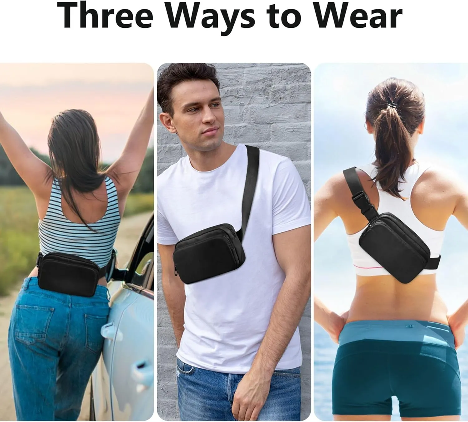 Black Dark Fanny Packs for Women Waterproof Belt Bag Hip Pack Bright Colored Cross Body Waist Purse