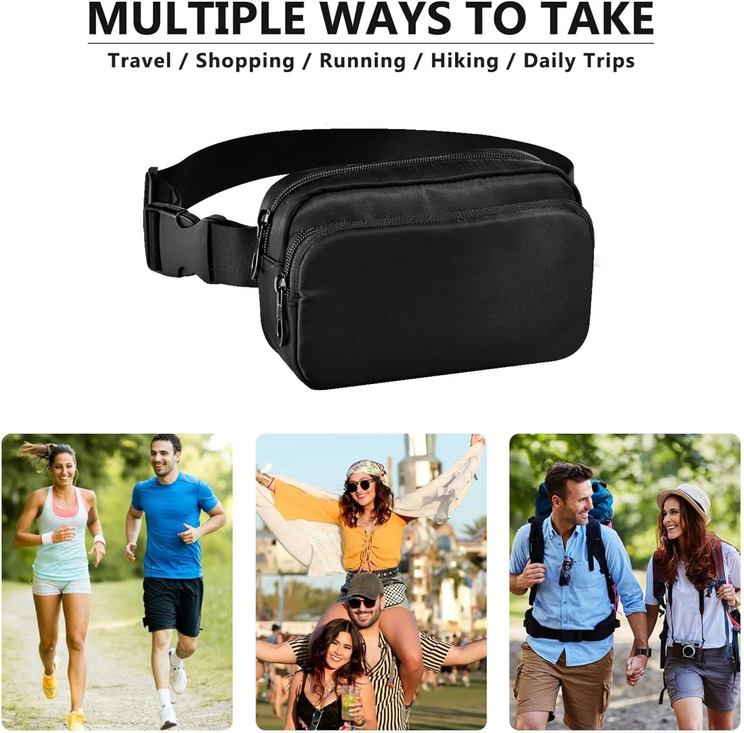 Black Dark Fanny Packs for Women Waterproof Belt Bag Hip Pack Bright Colored Cross Body Waist Purse