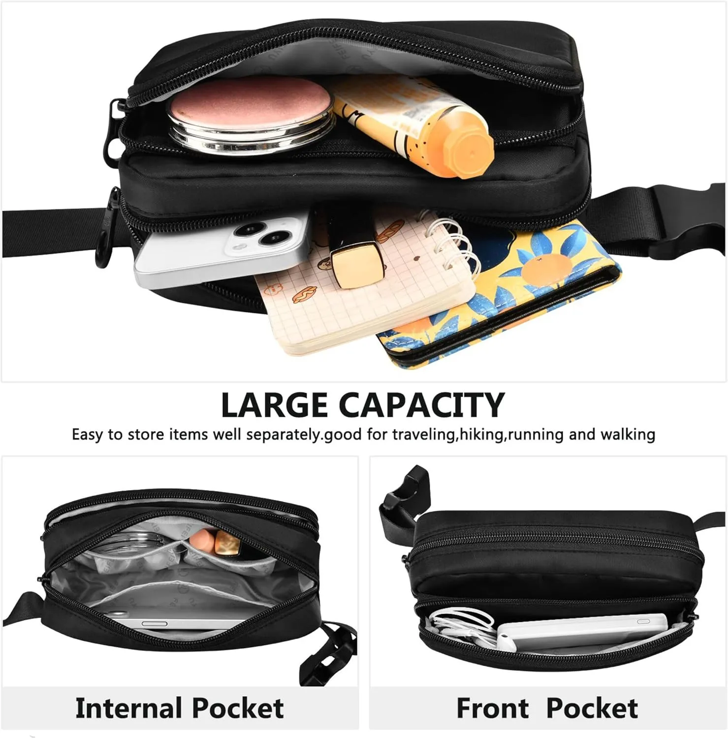 Black Dark Fanny Packs for Women Waterproof Belt Bag Hip Pack Bright Colored Cross Body Waist Purse