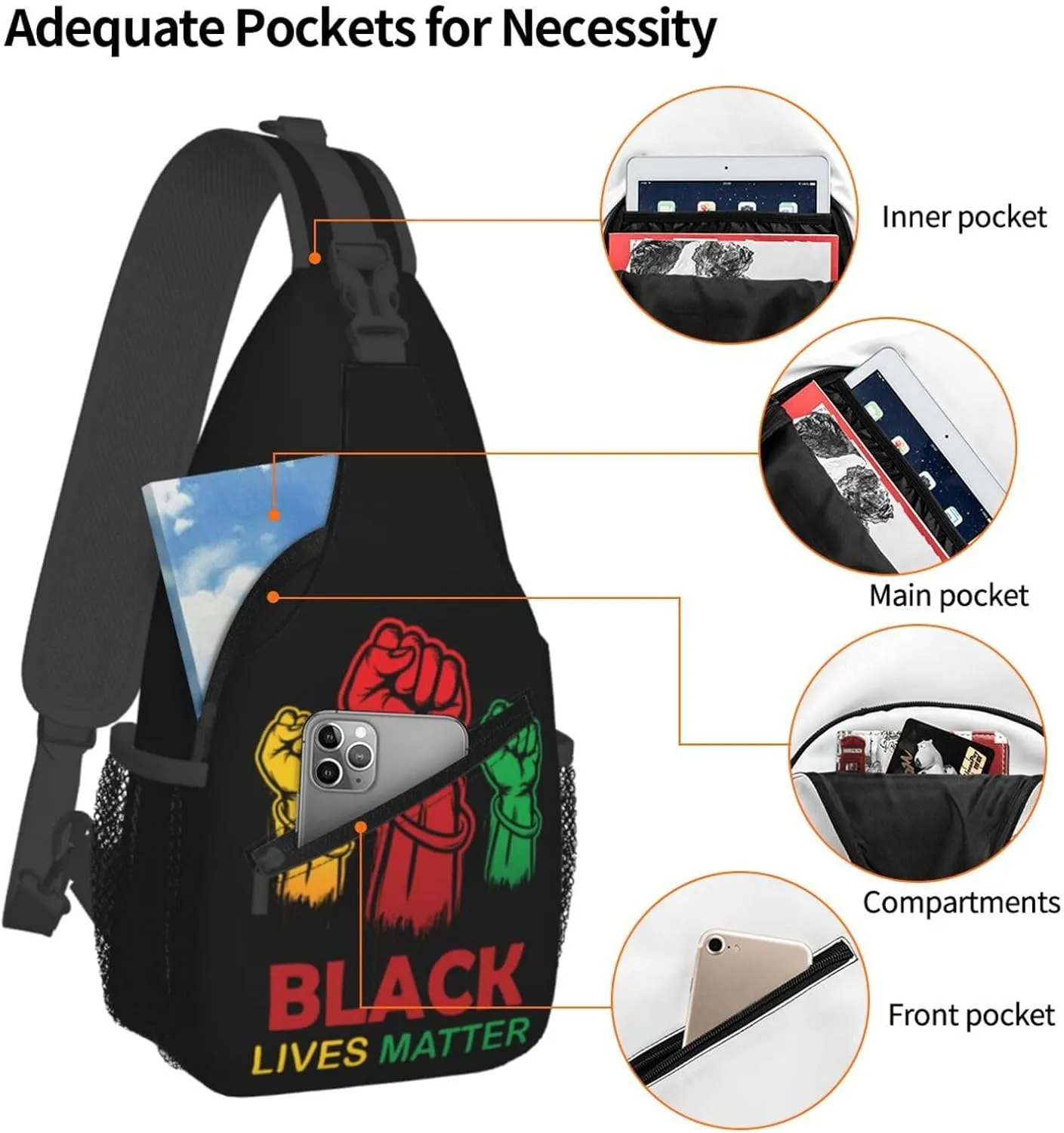 Black Power Hand Symbol Crossbody Bag Adjustable Sling Bag Casual Chest Bags Travel Shoulder Backpack
