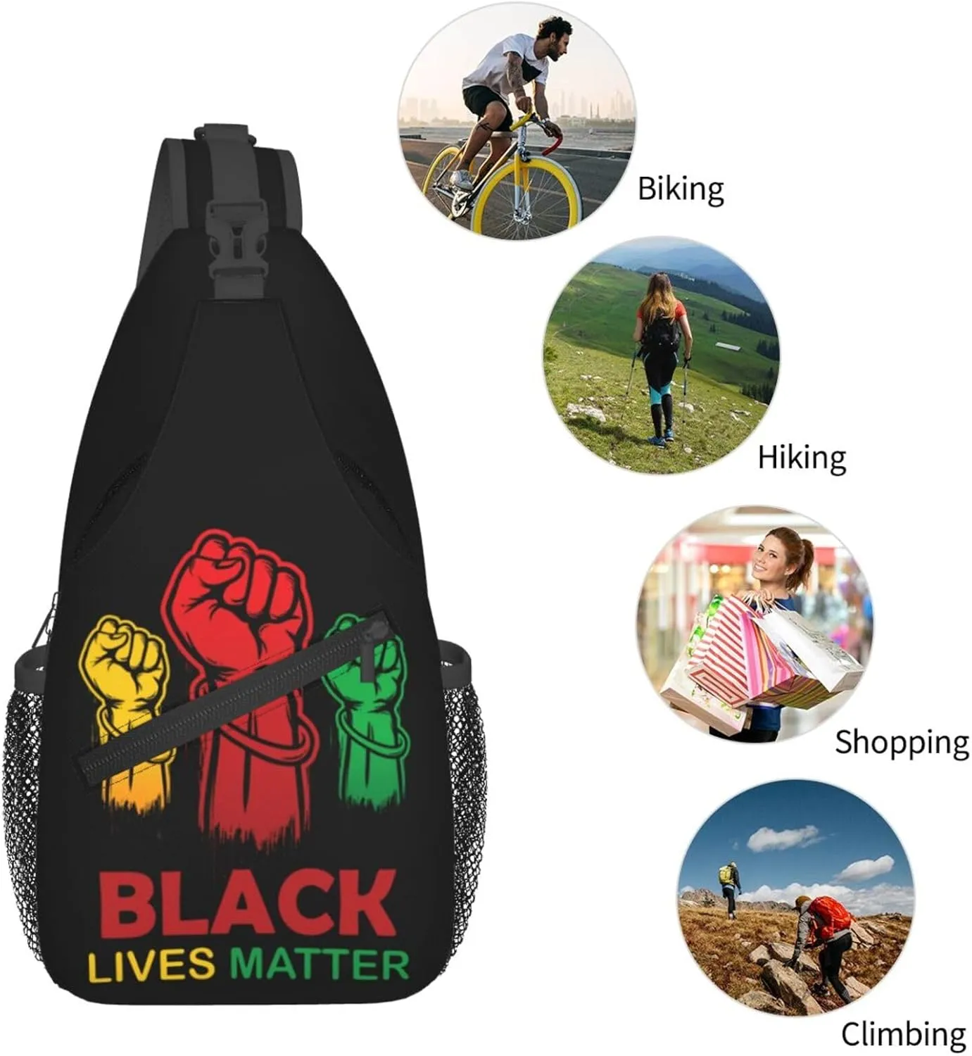 Black Power Hand Symbol Crossbody Bag Adjustable Sling Bag Casual Chest Bags Travel Shoulder Backpack
