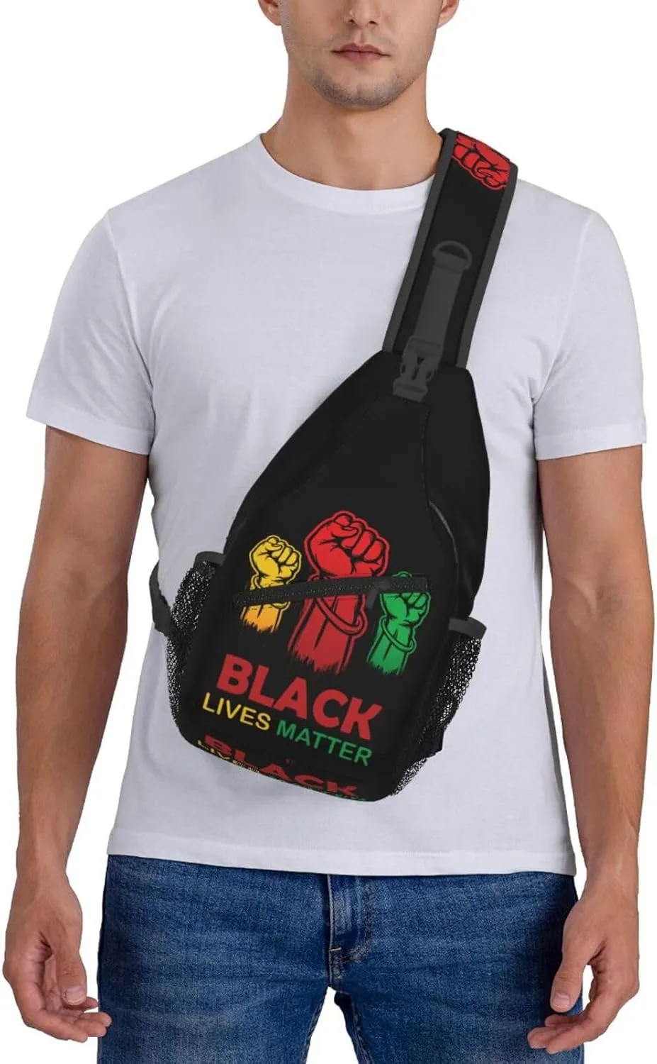 Black Power Hand Symbol Crossbody Bag Adjustable Sling Bag Casual Chest Bags Travel Shoulder Backpack
