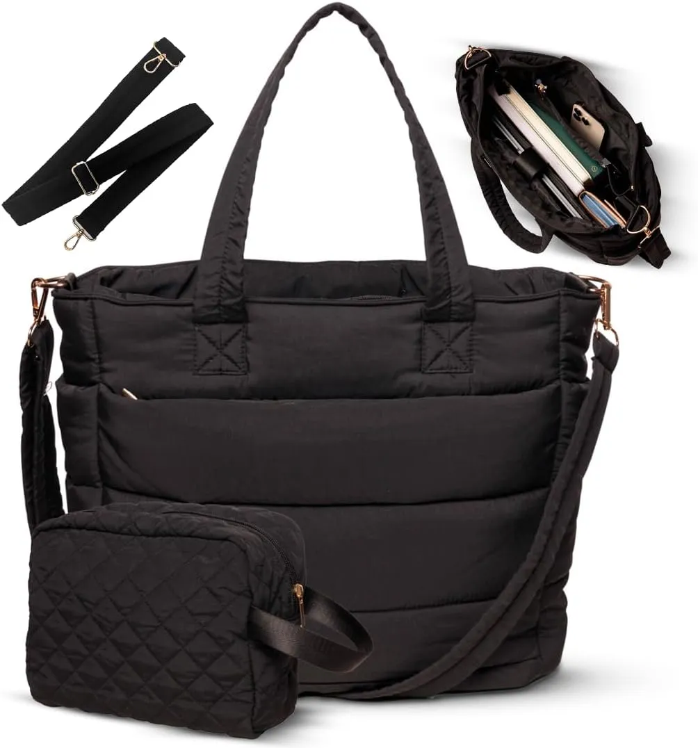 Black Quilted Puffer Tote Bag for Women Work Travel Gym - Puffer Crossbody Bag Waterproof Carry All Soft Puffy Tote with Zipper, Pockets, Laptop Slot, Luggage Sleeve – Puffer Purse USA Brand