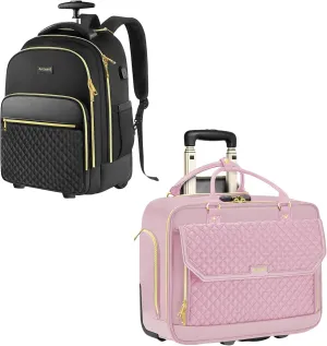 Black Rolling Backpack Carry On Luggage & Pink Laptop Bag for Women with Wheels