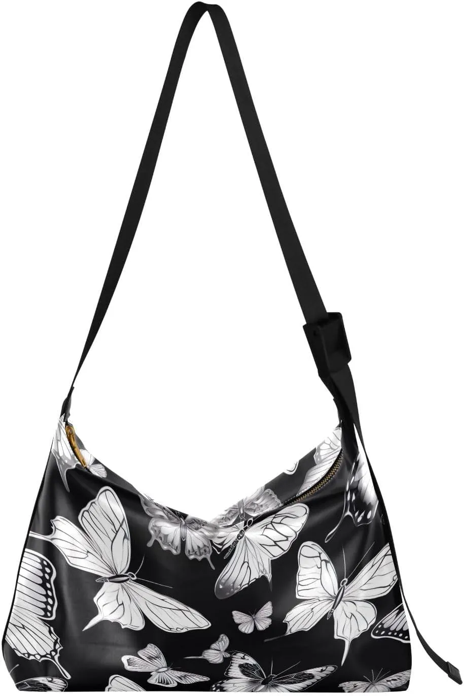 Black White Butterflies Faux Leather shoulder Bag Women's Soft Large Capacity Work Bag Shoulder Bag Travel Crossbody Purse -15×12in