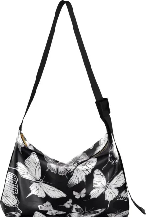 Black White Butterflies Faux Leather shoulder Bag Women's Soft Large Capacity Work Bag Shoulder Bag Travel Crossbody Purse -15×12in
