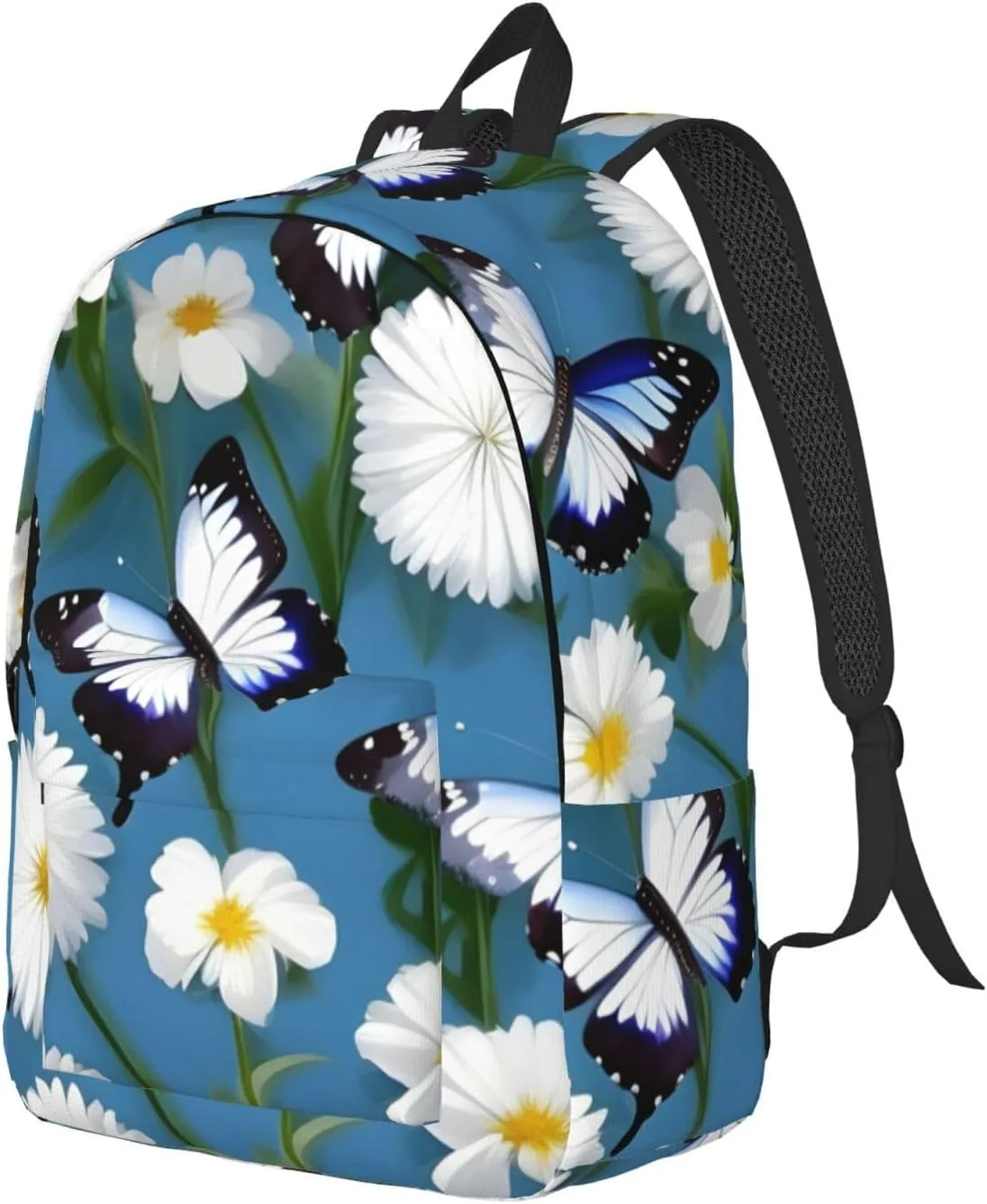 Blue Butterflies White Flowers Canvas Casual Lightweight Duffel Bag, Fashion Duffel Bag, Unisex Travel Backpack
