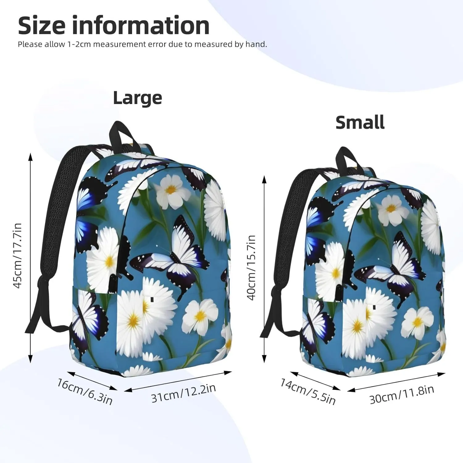 Blue Butterflies White Flowers Canvas Casual Lightweight Duffel Bag, Fashion Duffel Bag, Unisex Travel Backpack