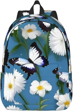 Blue Butterflies White Flowers Canvas Casual Lightweight Duffel Bag, Fashion Duffel Bag, Unisex Travel Backpack