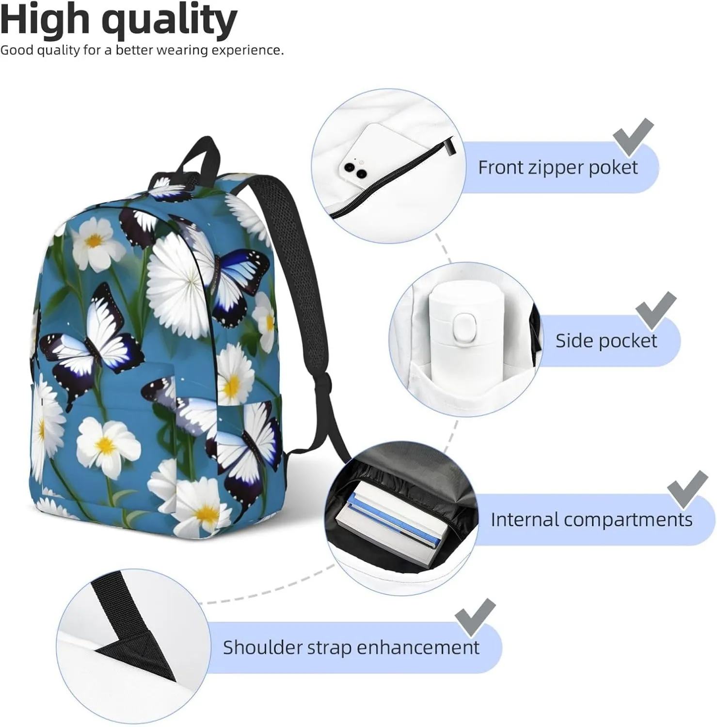 Blue Butterflies White Flowers Canvas Casual Lightweight Duffel Bag, Fashion Duffel Bag, Unisex Travel Backpack