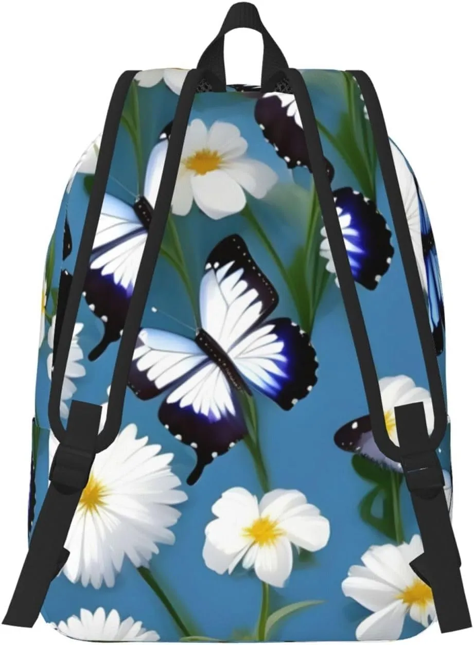 Blue Butterflies White Flowers Canvas Casual Lightweight Duffel Bag, Fashion Duffel Bag, Unisex Travel Backpack