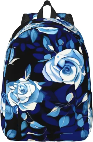 Blue Flower Pattern Roses Canvas Casual Lightweight Duffel Bag, Fashion Duffel Bag, Unisex Travel Backpack