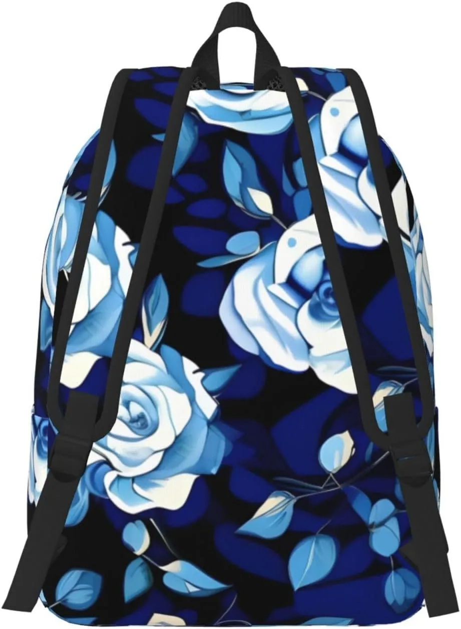 Blue Flower Pattern Roses Canvas Casual Lightweight Duffel Bag, Fashion Duffel Bag, Unisex Travel Backpack