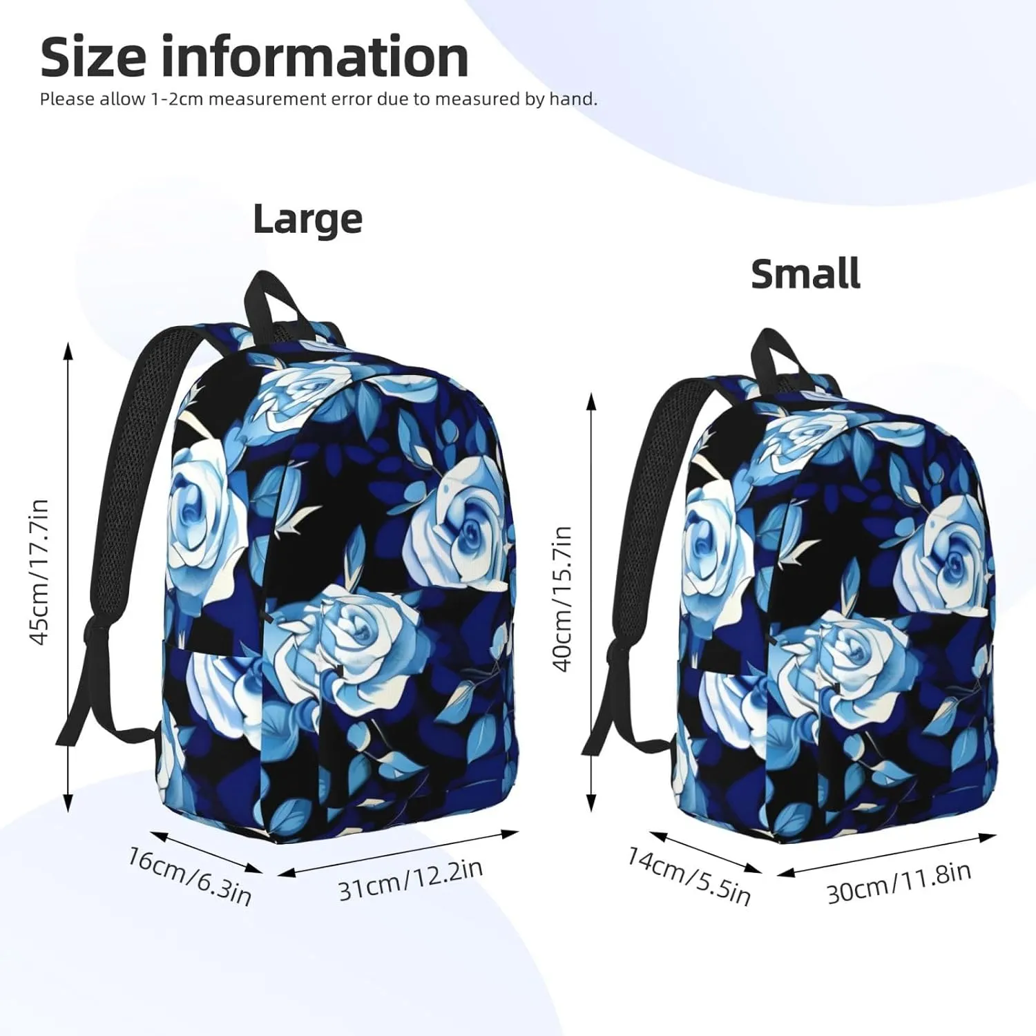 Blue Flower Pattern Roses Canvas Casual Lightweight Duffel Bag, Fashion Duffel Bag, Unisex Travel Backpack