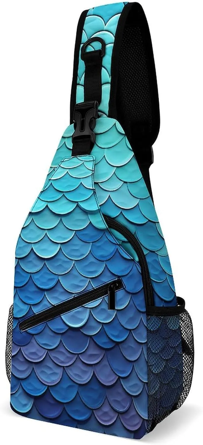 Blue Mermaid Fish Scale Crossbody Sling Bag for Men Hiking Backpack Travel Chest Bag Man Purse Shoulder Bags Daypack