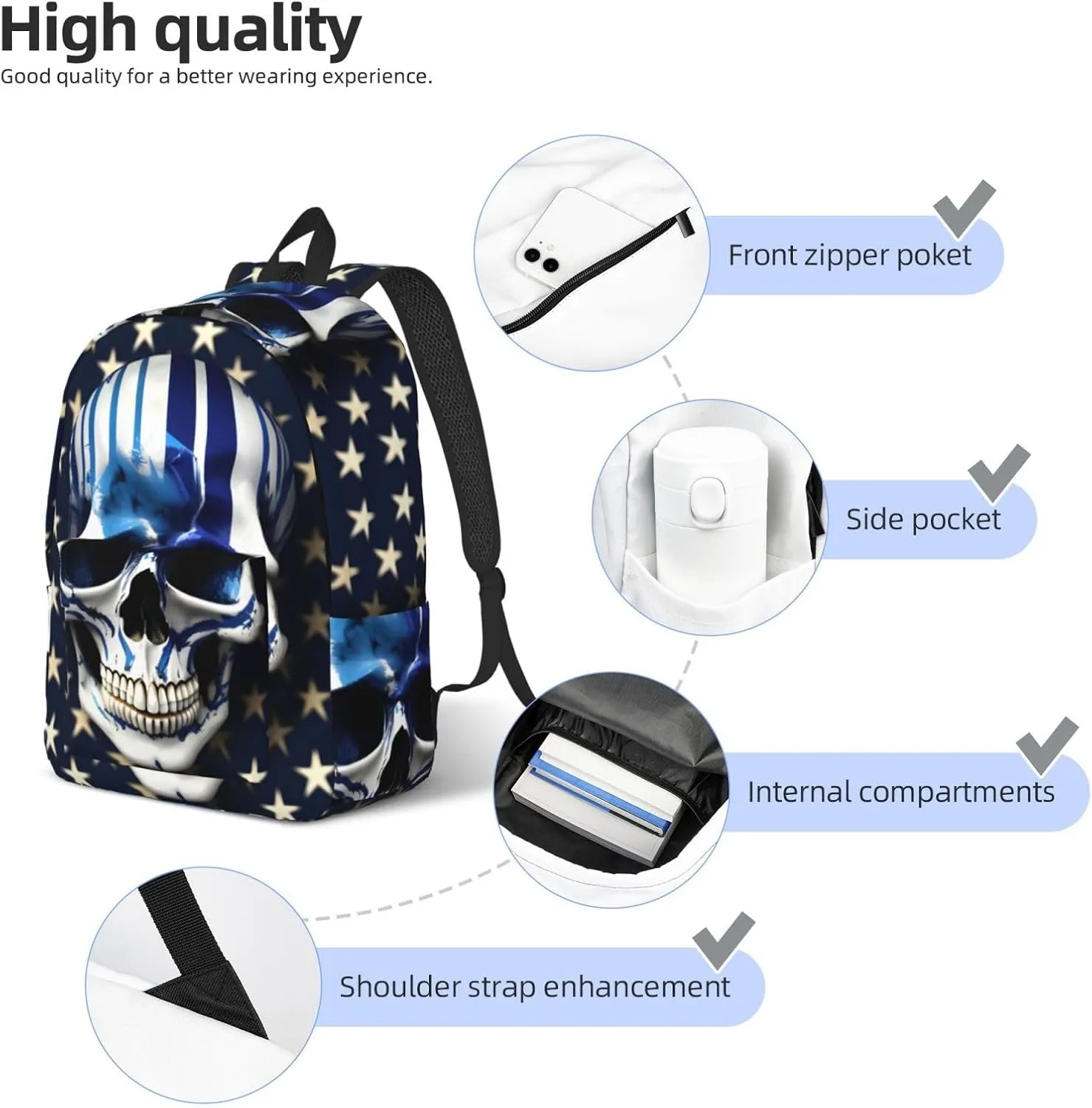 Blue Stripe Stars Skull Canvas Casual Lightweight Duffel Bag, Fashion Duffel Bag, Unisex Travel Backpack