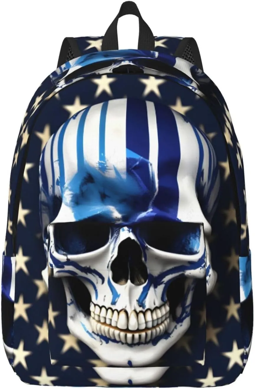 Blue Stripe Stars Skull Canvas Casual Lightweight Duffel Bag, Fashion Duffel Bag, Unisex Travel Backpack