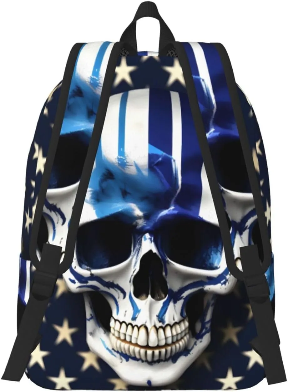 Blue Stripe Stars Skull Canvas Casual Lightweight Duffel Bag, Fashion Duffel Bag, Unisex Travel Backpack