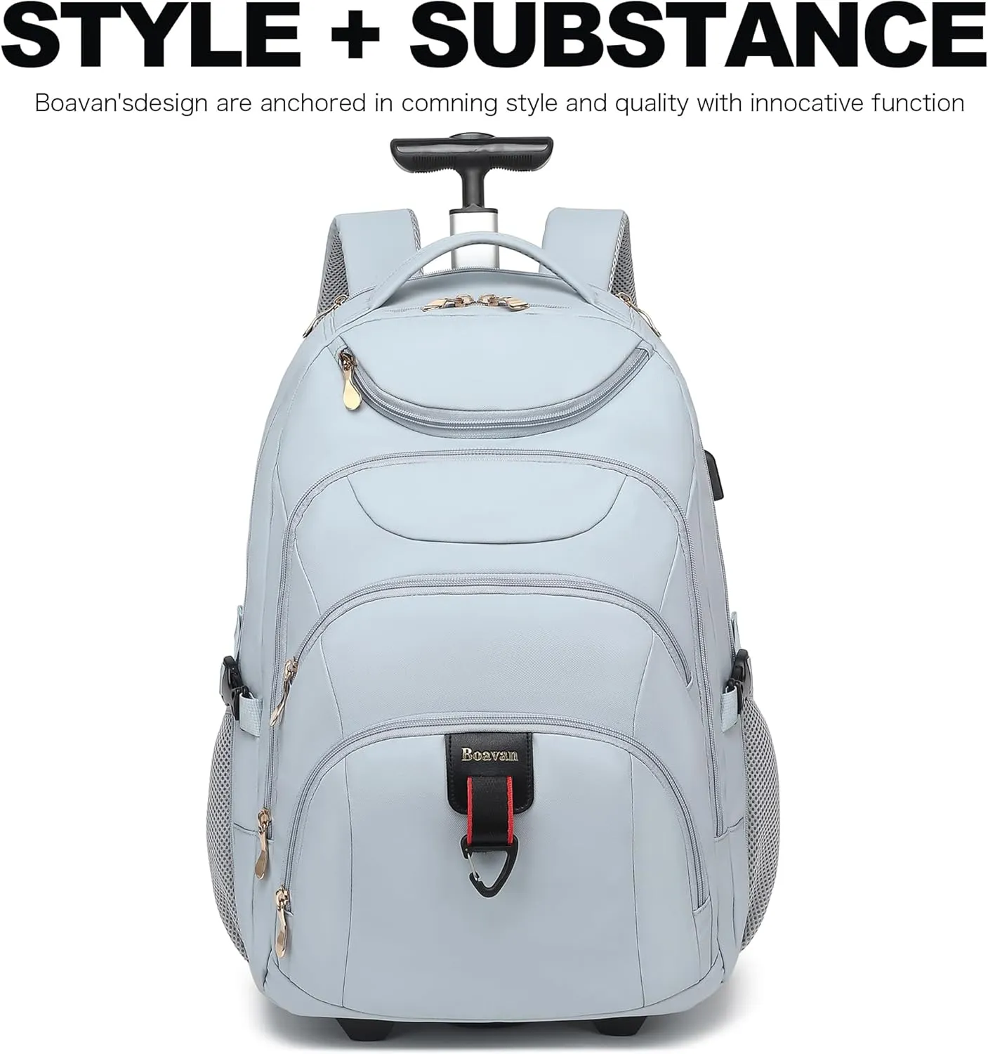 Boavan Rolling Backpack for Women, 17.3 Inch Wheeled Laptop Backpack,Large Travel Carry-On Bag for Teachers College Students, USB Charging Port Waterproof Business for Airplane Overnight Luggage，Blue