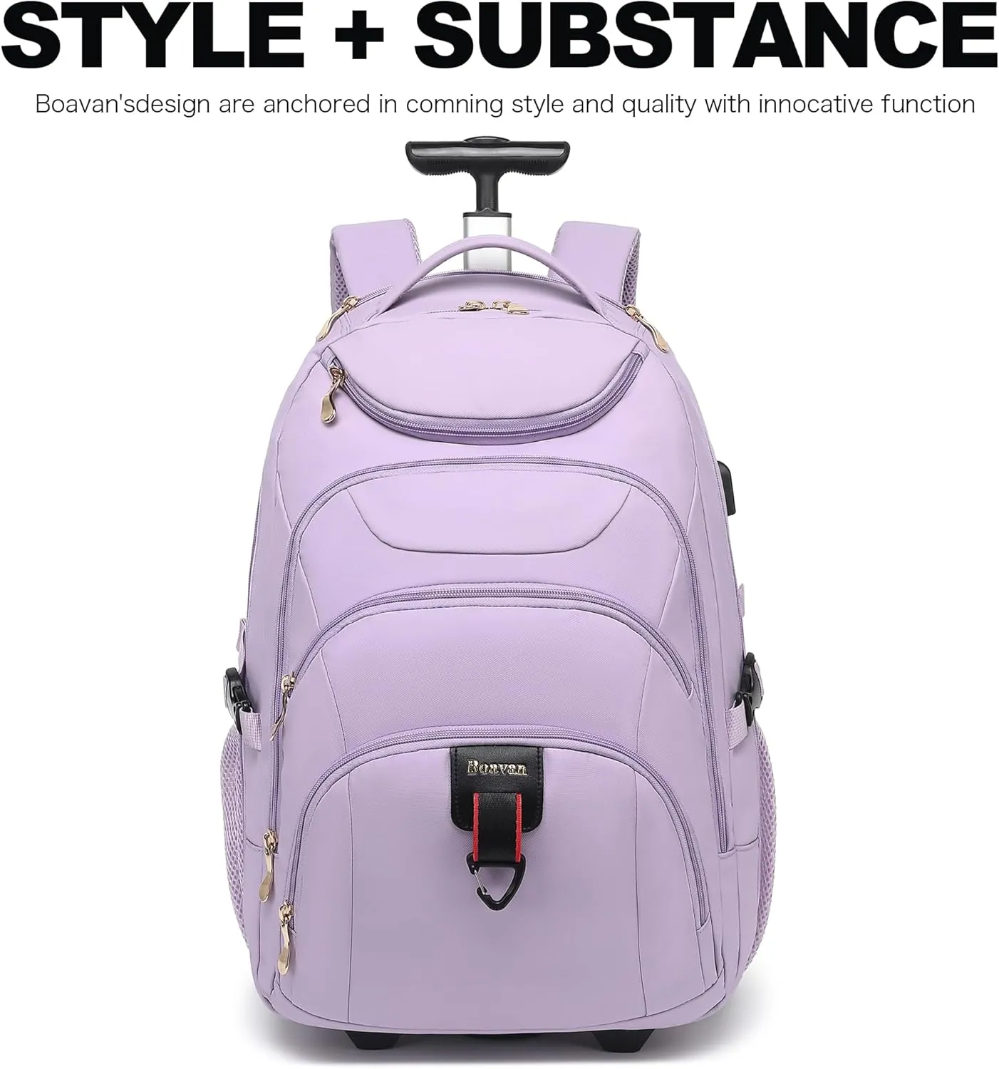 Boavan Rolling Backpack for Women, 17.3 Inch Wheeled Laptop Backpack,Large Travel CarryOn Bag for Teachers College Students, USB Charging Port Waterproof Business for Airplane Overnight Luggage，Purple