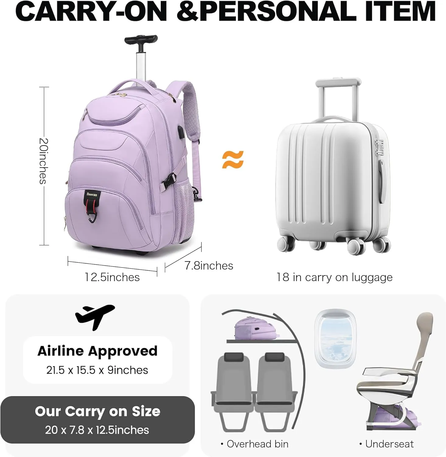 Boavan Rolling Backpack for Women, 17.3 Inch Wheeled Laptop Backpack,Large Travel CarryOn Bag for Teachers College Students, USB Charging Port Waterproof Business for Airplane Overnight Luggage，Purple