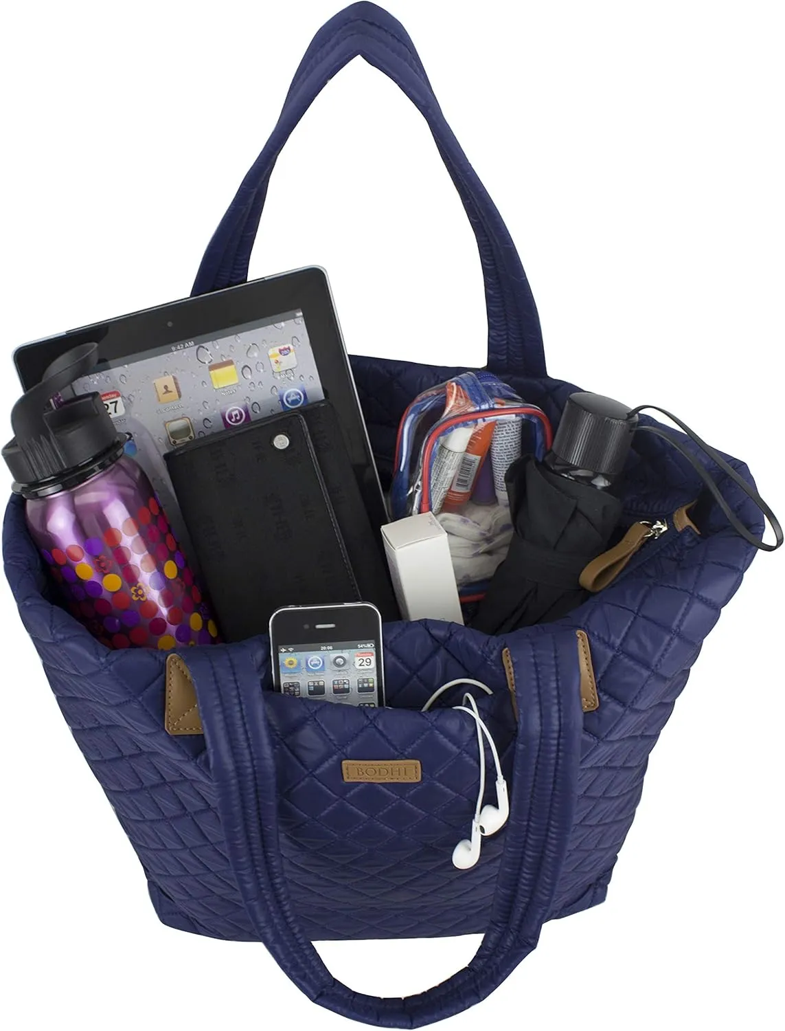 BODHI Quilted Soft Luxe Large Tote Bag For Women, Travel Shoulder Bag Top Handle Handbag for Gym, Work, Navy