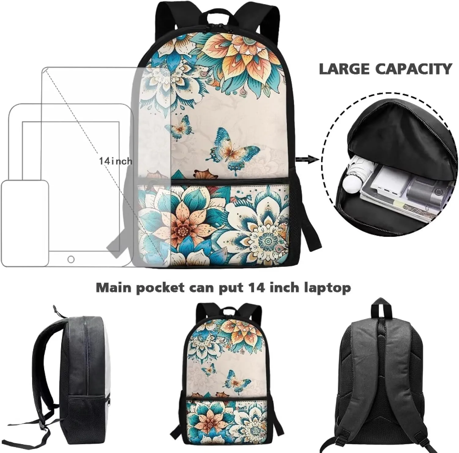 Boho Flower Butterfly School Backpack for Teens Girls Middle School Bag Kids Bookbags With Adjustable Shoulder Straps Boys Schoolbag 17inch Laptop Backpacks Travel Camping Daypack Rucksack