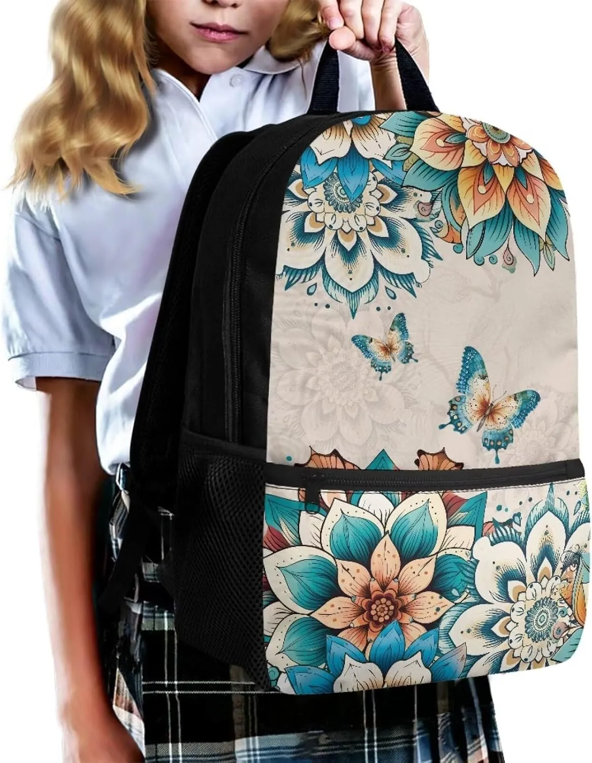 Boho Flower Butterfly School Backpack for Teens Girls Middle School Bag Kids Bookbags With Adjustable Shoulder Straps Boys Schoolbag 17inch Laptop Backpacks Travel Camping Daypack Rucksack