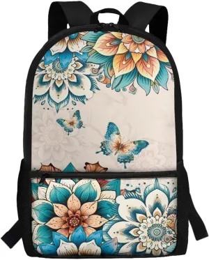 Boho Flower Butterfly School Backpack for Teens Girls Middle School Bag Kids Bookbags With Adjustable Shoulder Straps Boys Schoolbag 17inch Laptop Backpacks Travel Camping Daypack Rucksack