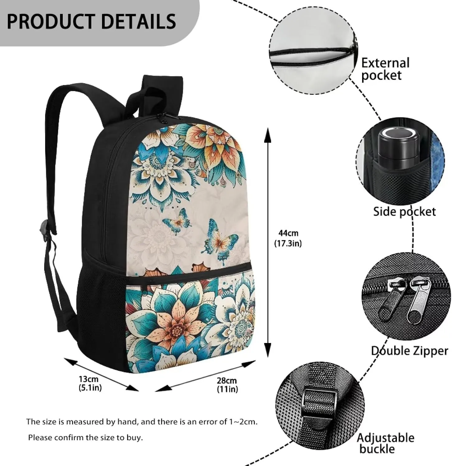 Boho Flower Butterfly School Backpack for Teens Girls Middle School Bag Kids Bookbags With Adjustable Shoulder Straps Boys Schoolbag 17inch Laptop Backpacks Travel Camping Daypack Rucksack