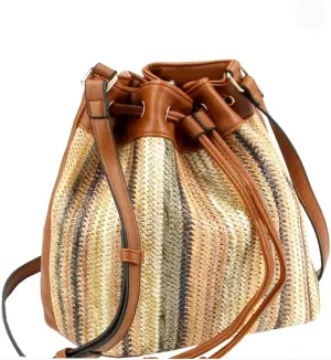 Boho Vegan Leather Multicolor Faux Straw Bucket Shoulder Bag Hobo Tote Crossbody Purse