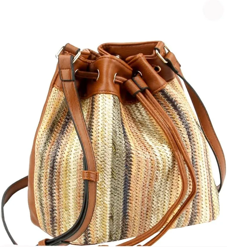Boho Vegan Leather Multicolor Faux Straw Bucket Shoulder Bag Hobo Tote Crossbody Purse