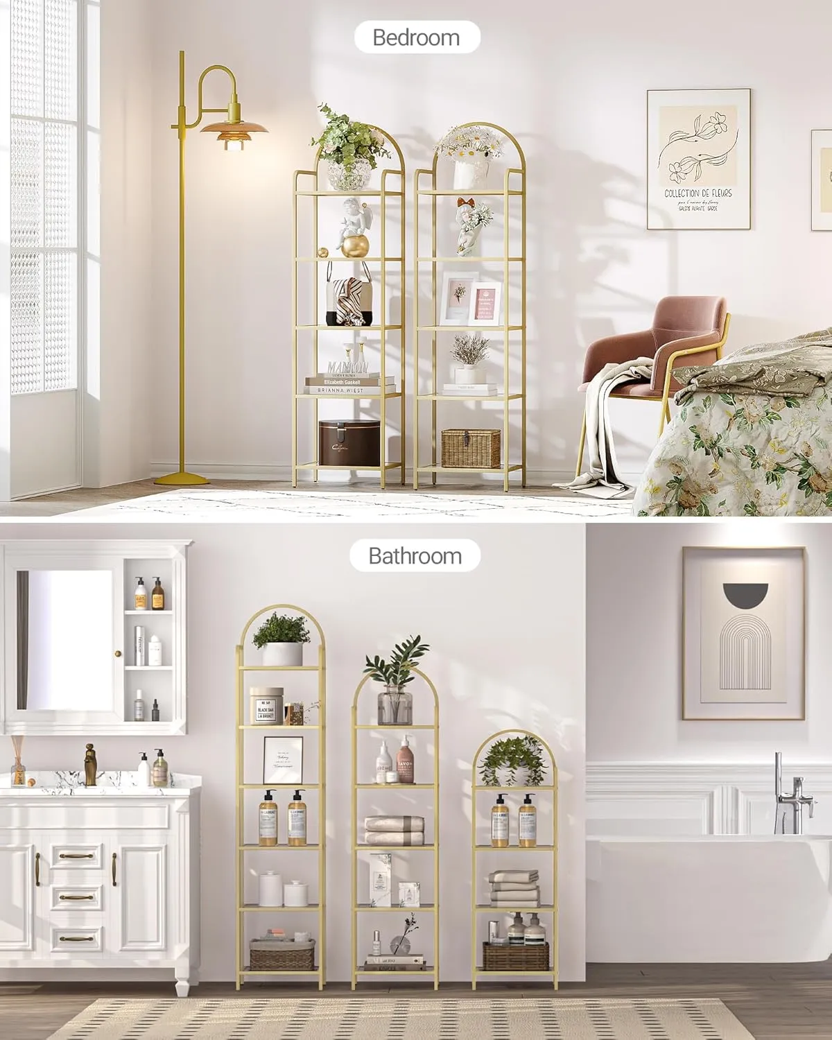 Bookcase Bookshelf, Tempered Glass Bookshelves, Slim Shelving Unit for Bedroom, Bathroom, Home Office, Steel Frame, 5 Tier Gold BC05001G