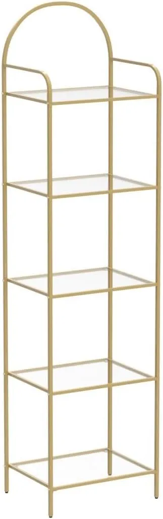 Bookcase Bookshelf, Tempered Glass Bookshelves, Slim Shelving Unit for Bedroom, Bathroom, Home Office, Steel Frame, 5 Tier Gold BC05001G