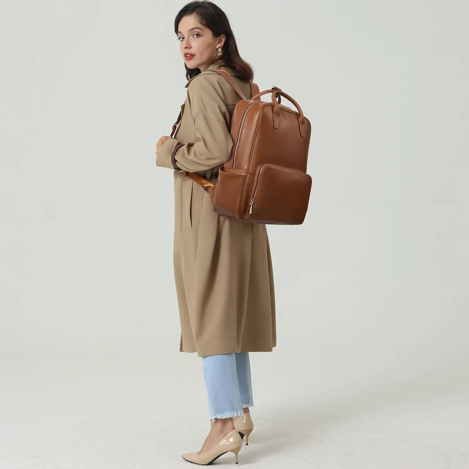 BOSTANTEN Leather Laptop Backpack for Women 15.6 inch Computer Bag Travel Work Daypack Large Size Bag