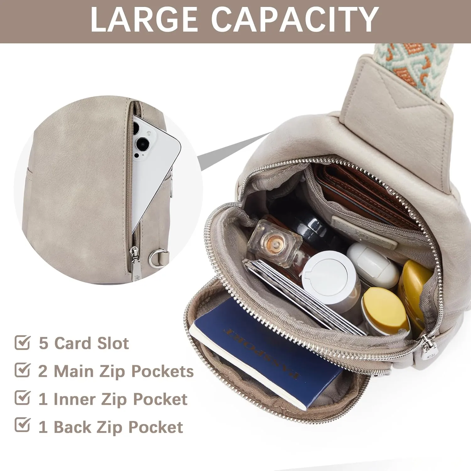 BOSTANTEN Sling Bag for Women Crossbody Purse Crossbody Bag Leather Chest Bag with Adjustable Guitar Strap for Travel
