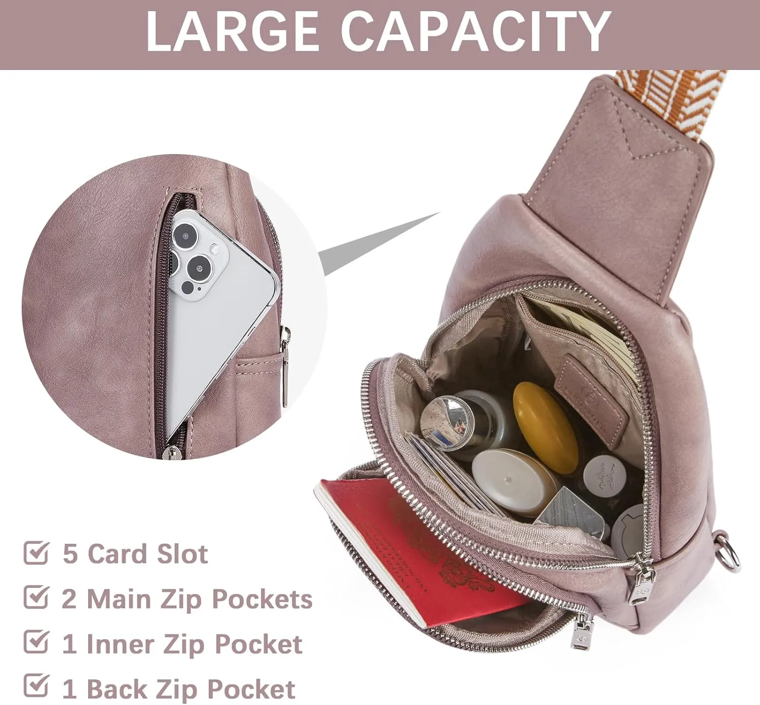 BOSTANTEN Sling Bag for Women Crossbody Purse Crossbody Bag Leather Chest Bag with Adjustable Guitar Strap for Travel
