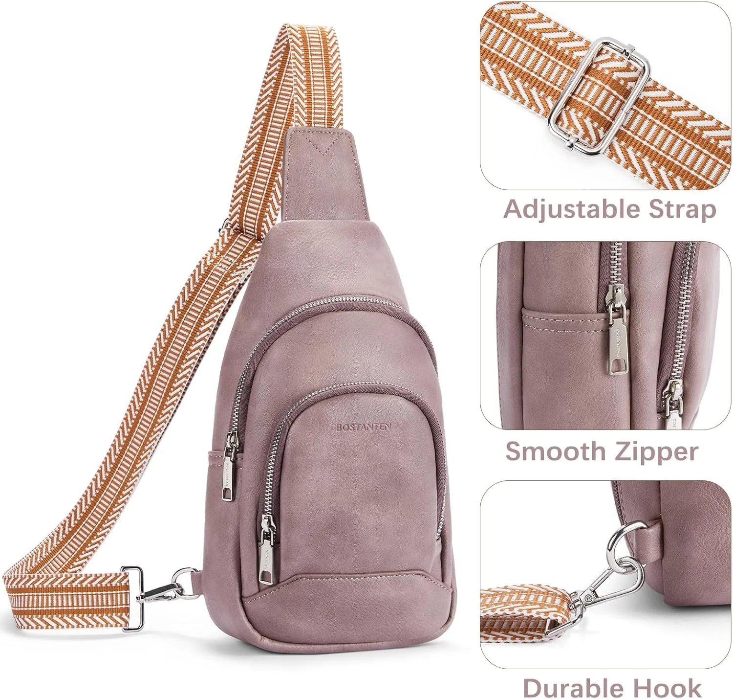 BOSTANTEN Sling Bag for Women Crossbody Purse Crossbody Bag Leather Chest Bag with Adjustable Guitar Strap for Travel