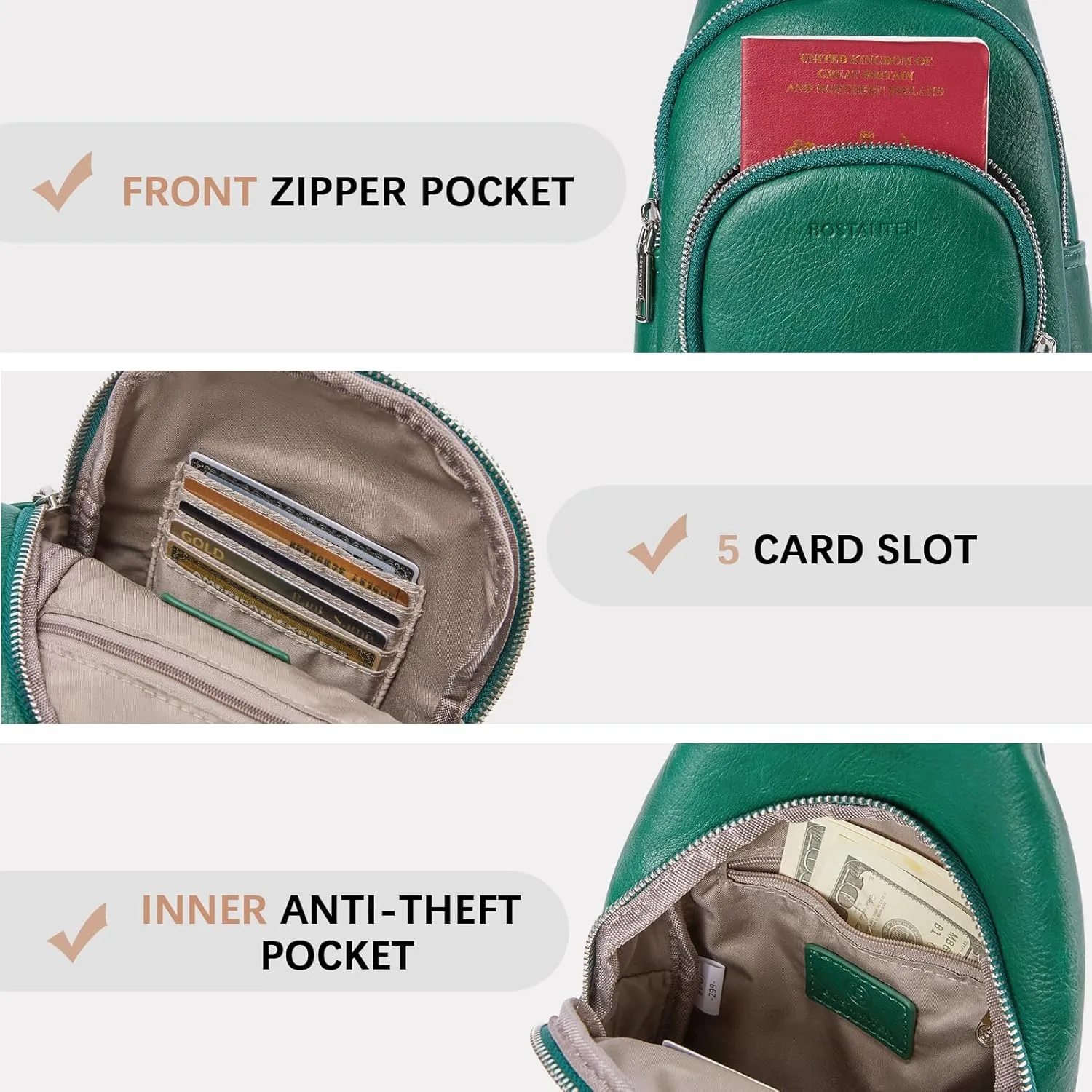 BOSTANTEN Sling Bag for Women Crossbody Purse Crossbody Bag Leather Chest Bag with Adjustable Guitar Strap for Travel
