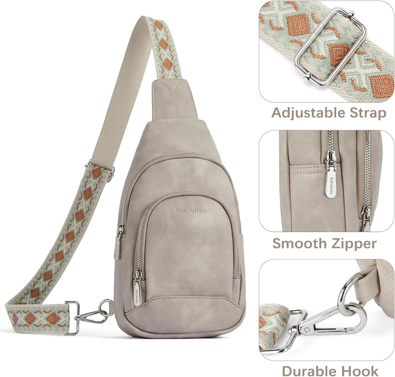 BOSTANTEN Sling Bag for Women Crossbody Purse Crossbody Bag Leather Chest Bag with Adjustable Guitar Strap for Travel